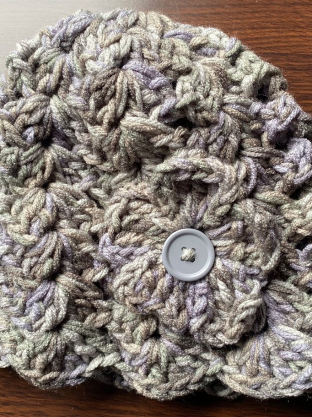 Beanie Hat 2 Tone Light Gray Button Flower Hand Crocheted Knit Cap Soft Tabbagon